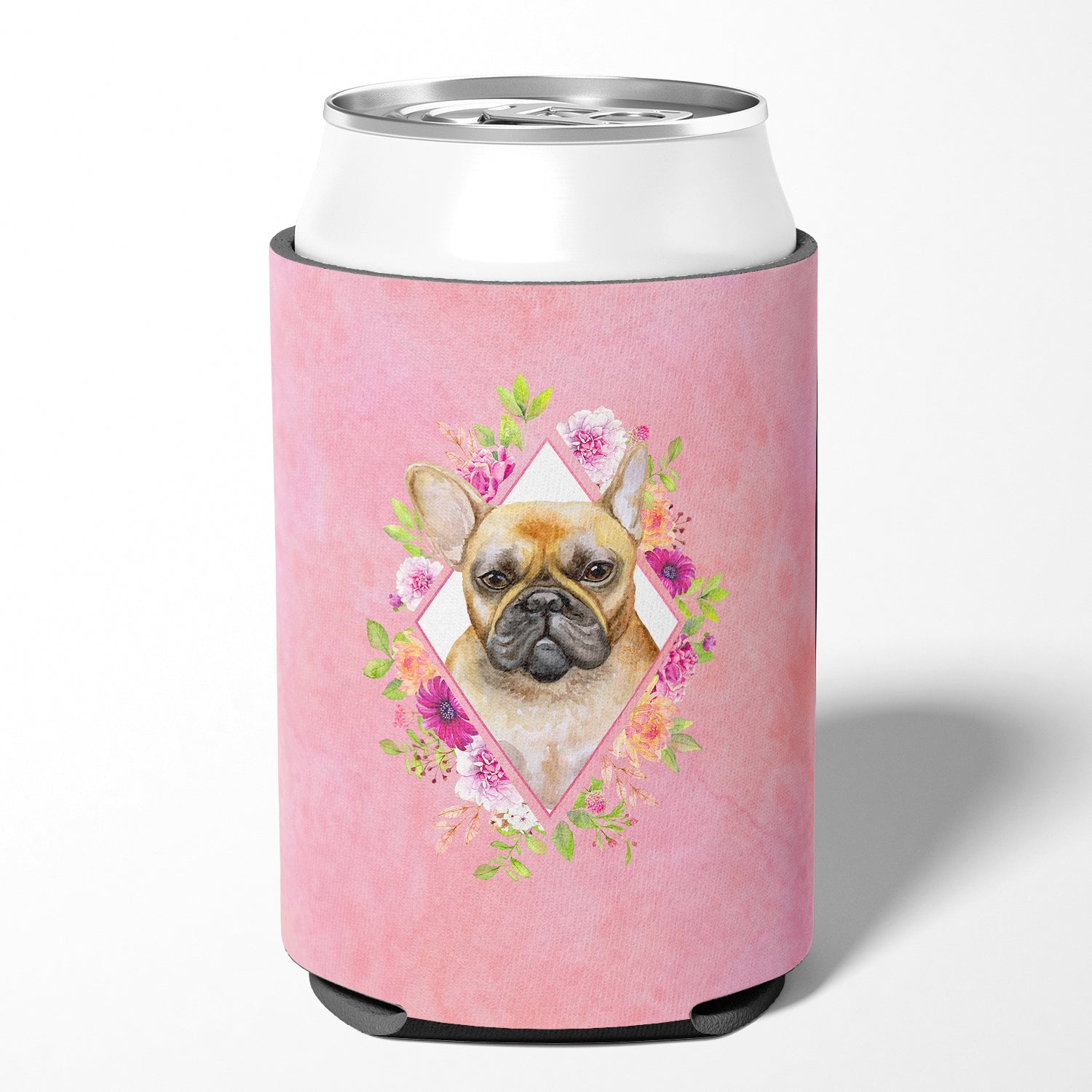 Fawn French Bulldog Pink Flowers Can or Bottle Hugger CK4144CC  the-store.com.