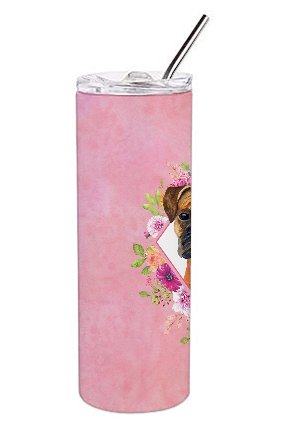 German Boxer Pink Flowers Double Walled Stainless Steel 20 oz Skinny Tumbler CK4145TBL20 by Caroline's Treasures