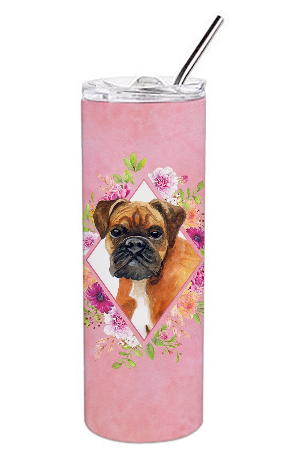 German Boxer Pink Flowers Double Walled Stainless Steel 20 oz Skinny Tumbler CK4145TBL20 by Caroline's Treasures