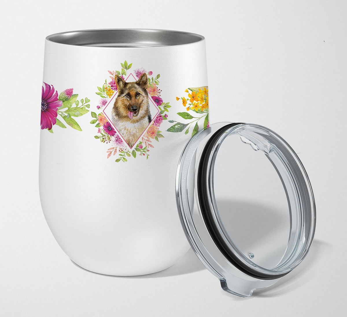 German Shepherd #1 Pink Flowers Stainless Steel 12 oz Stemless Wine Glass CK4146TBL12 by Caroline&#39;s Treasures