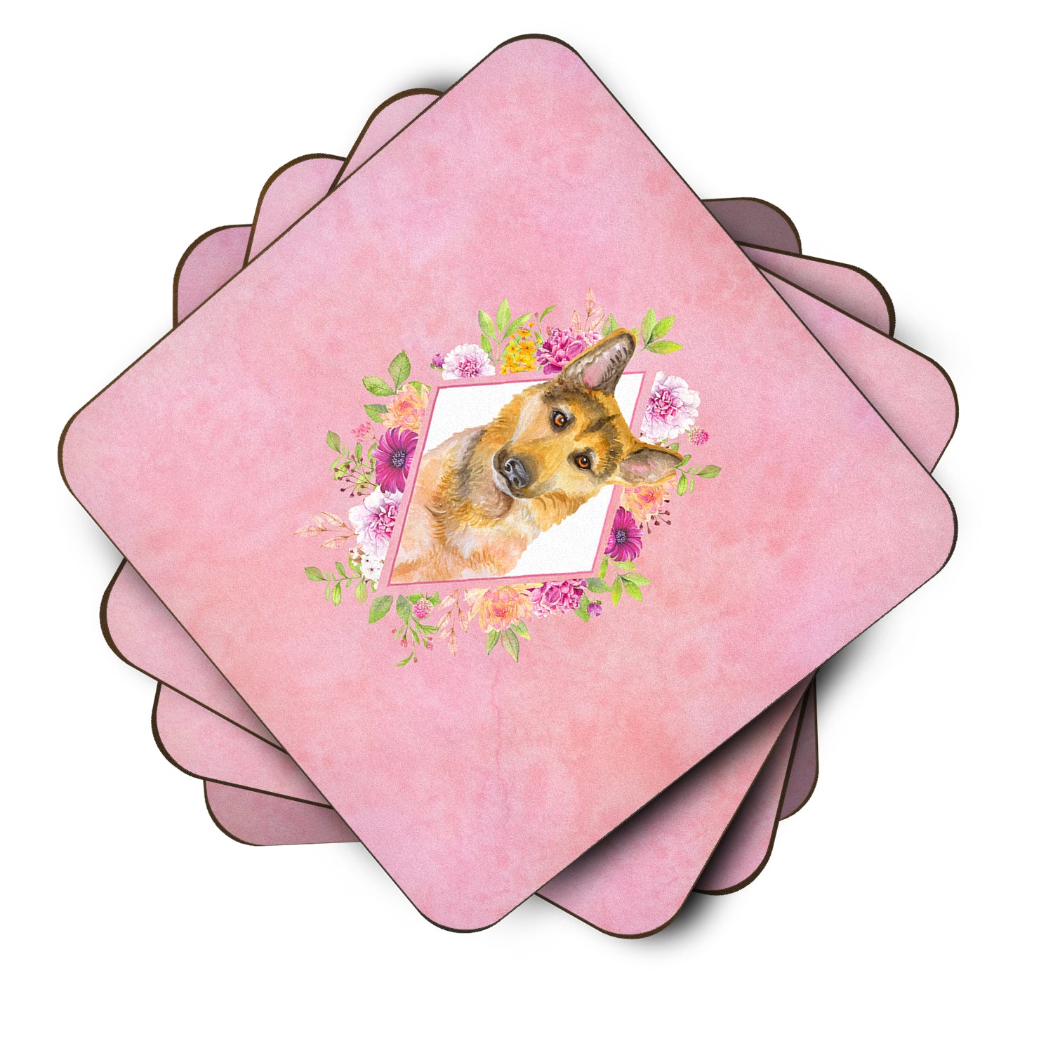 Set of 4 German Shepherd #2 Pink Flowers Foam Coasters Set of 4 CK4147FC - the-store.com