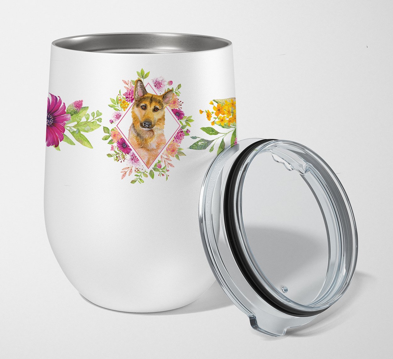 German Shepherd #2 Pink Flowers Stainless Steel 12 oz Stemless Wine Glass CK4147TBL12 by Caroline's Treasures