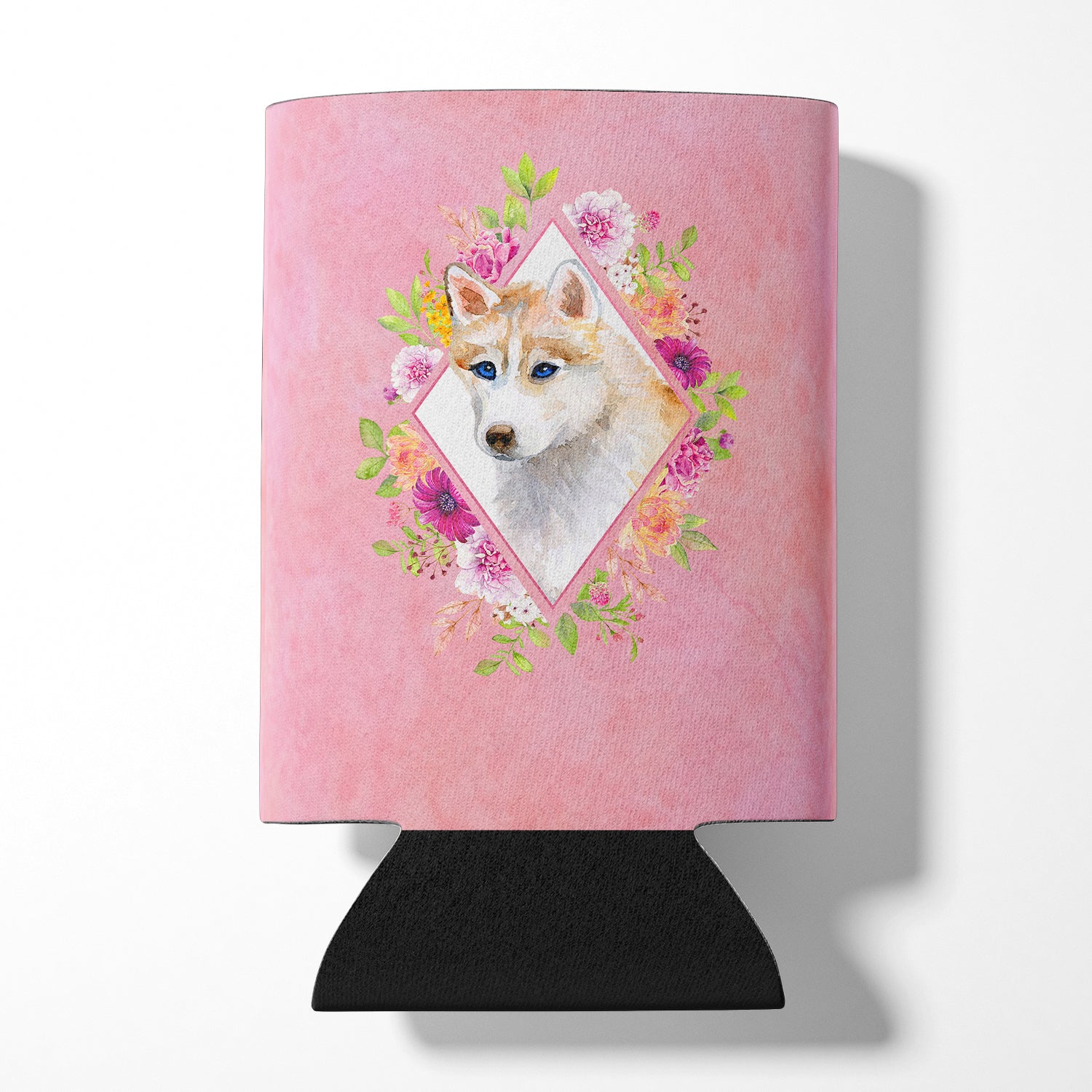 Red Siberian Husky Pink Flowers Can or Bottle Hugger CK4148CC  the-store.com.