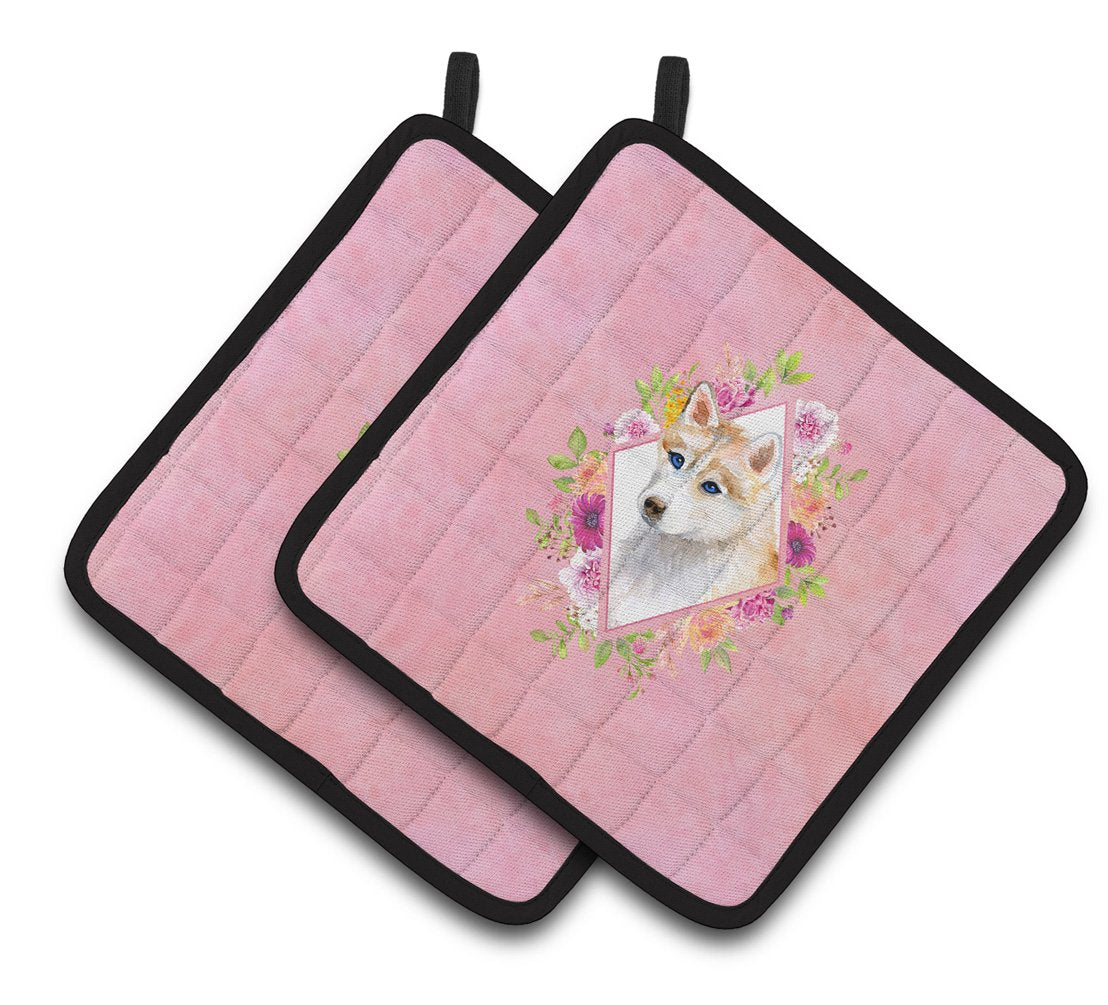 Red Siberian Husky Pink Flowers Pair of Pot Holders CK4148PTHD by Caroline&#39;s Treasures