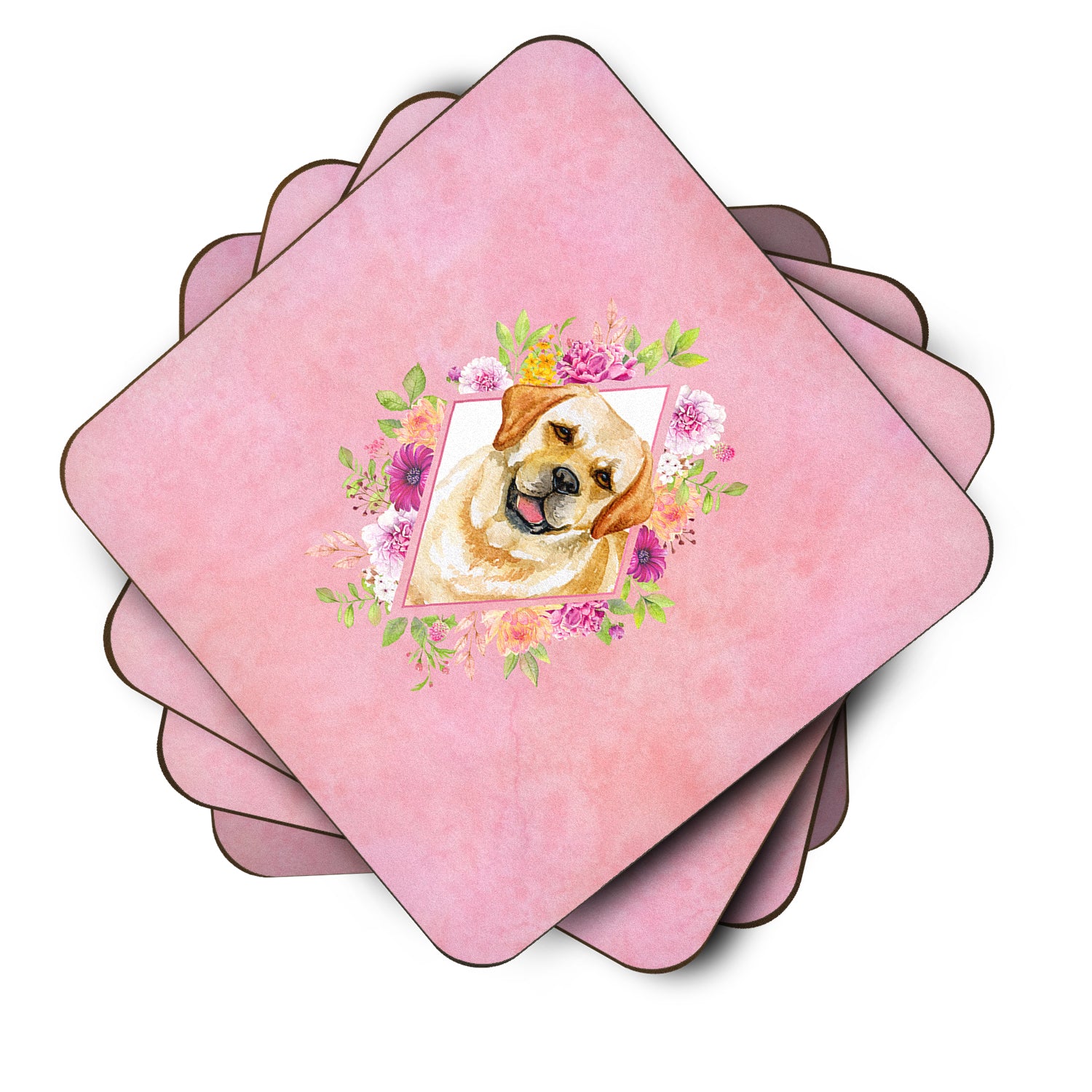 Set of 4 Golden Retriever Pink Flowers Foam Coasters Set of 4 CK4149FC - the-store.com