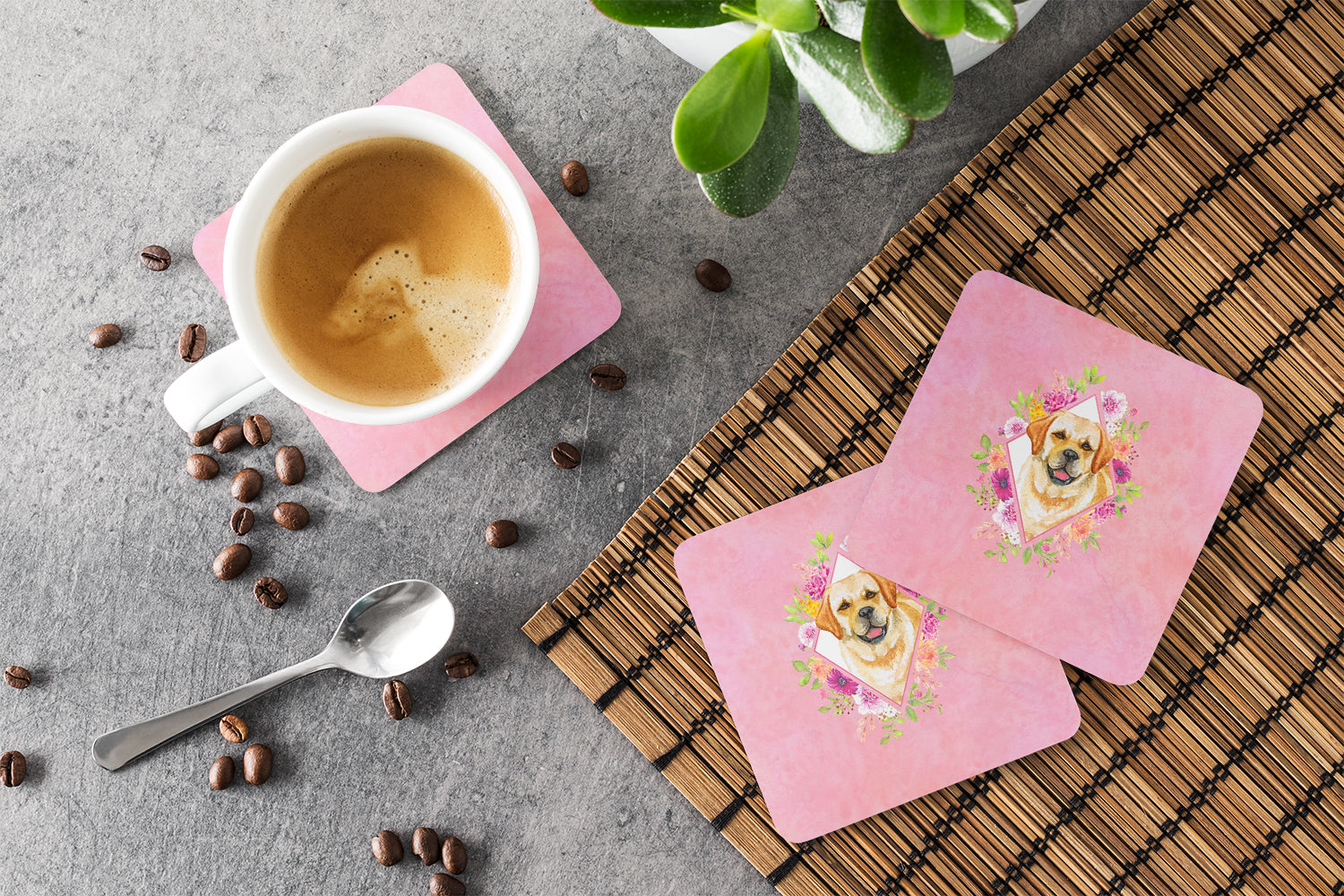 Set of 4 Golden Retriever Pink Flowers Foam Coasters Set of 4 CK4149FC - the-store.com