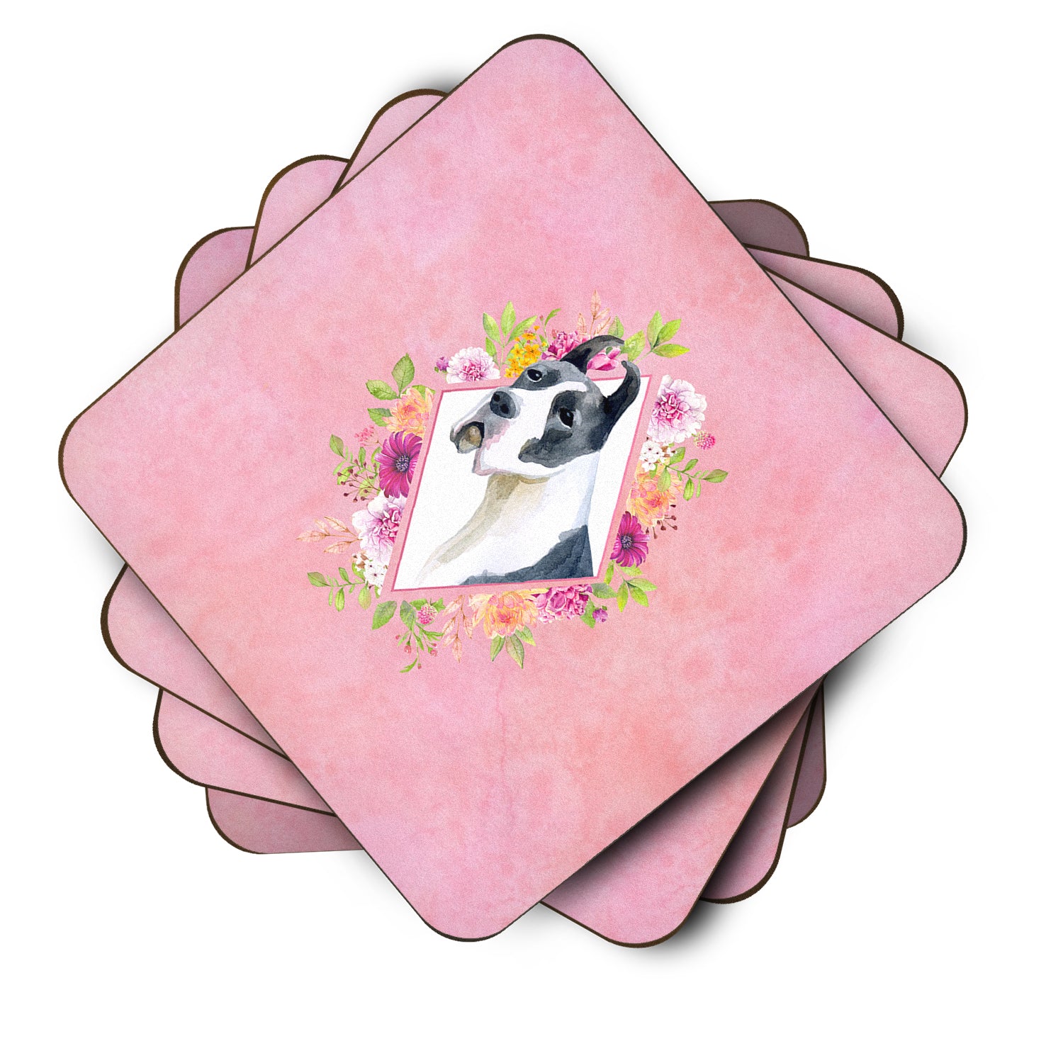 Set of 4 Great Dane Pink Flowers Foam Coasters Set of 4 CK4150FC - the-store.com