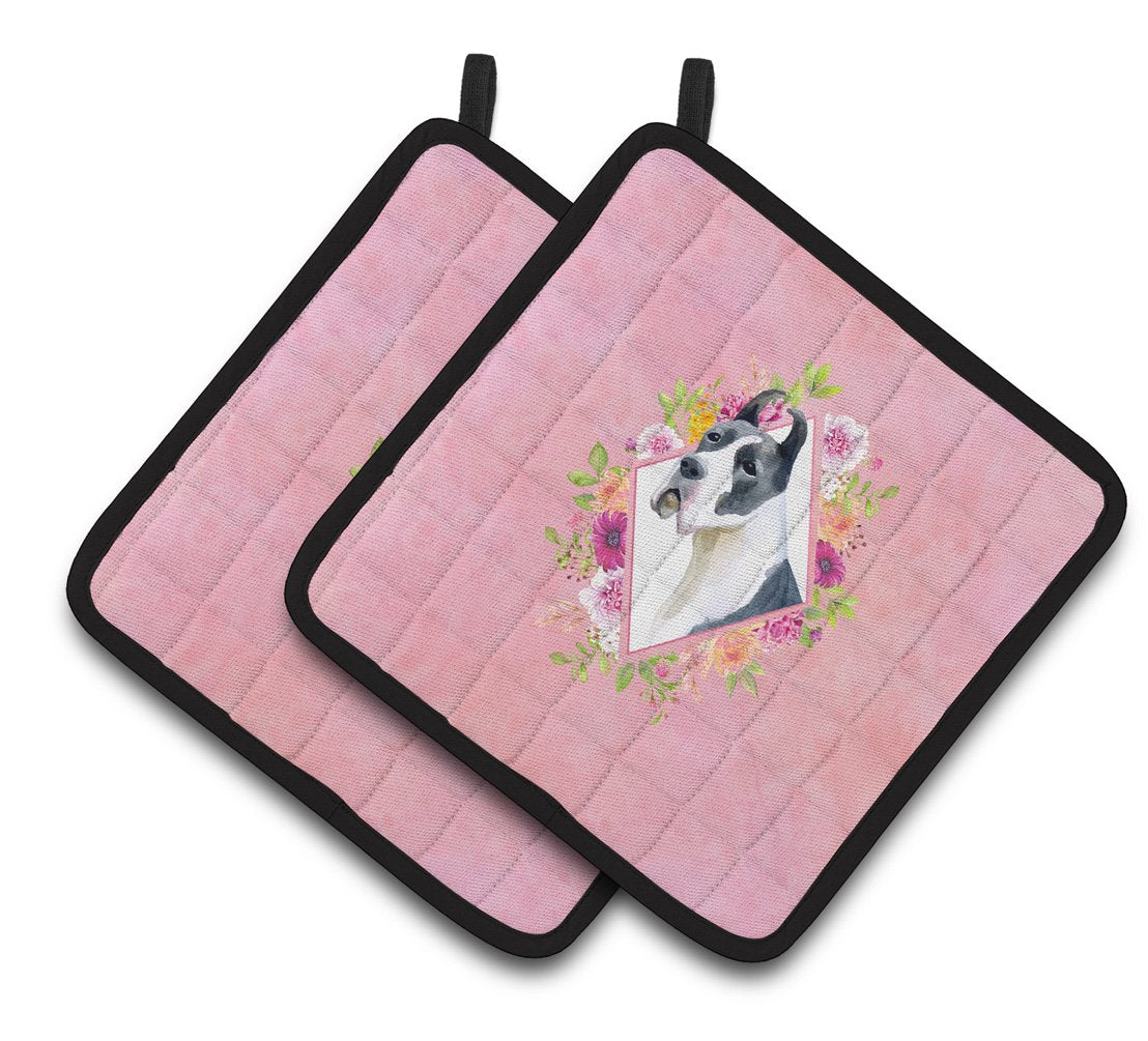 Great Dane Pink Flowers Pair of Pot Holders CK4150PTHD by Caroline's Treasures