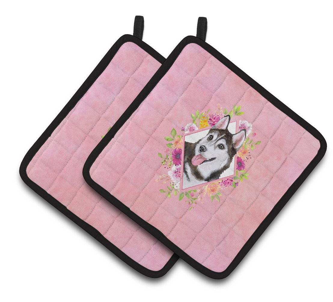 Siberian Husky #1 Pink Flowers Pair of Pot Holders CK4151PTHD by Caroline&#39;s Treasures