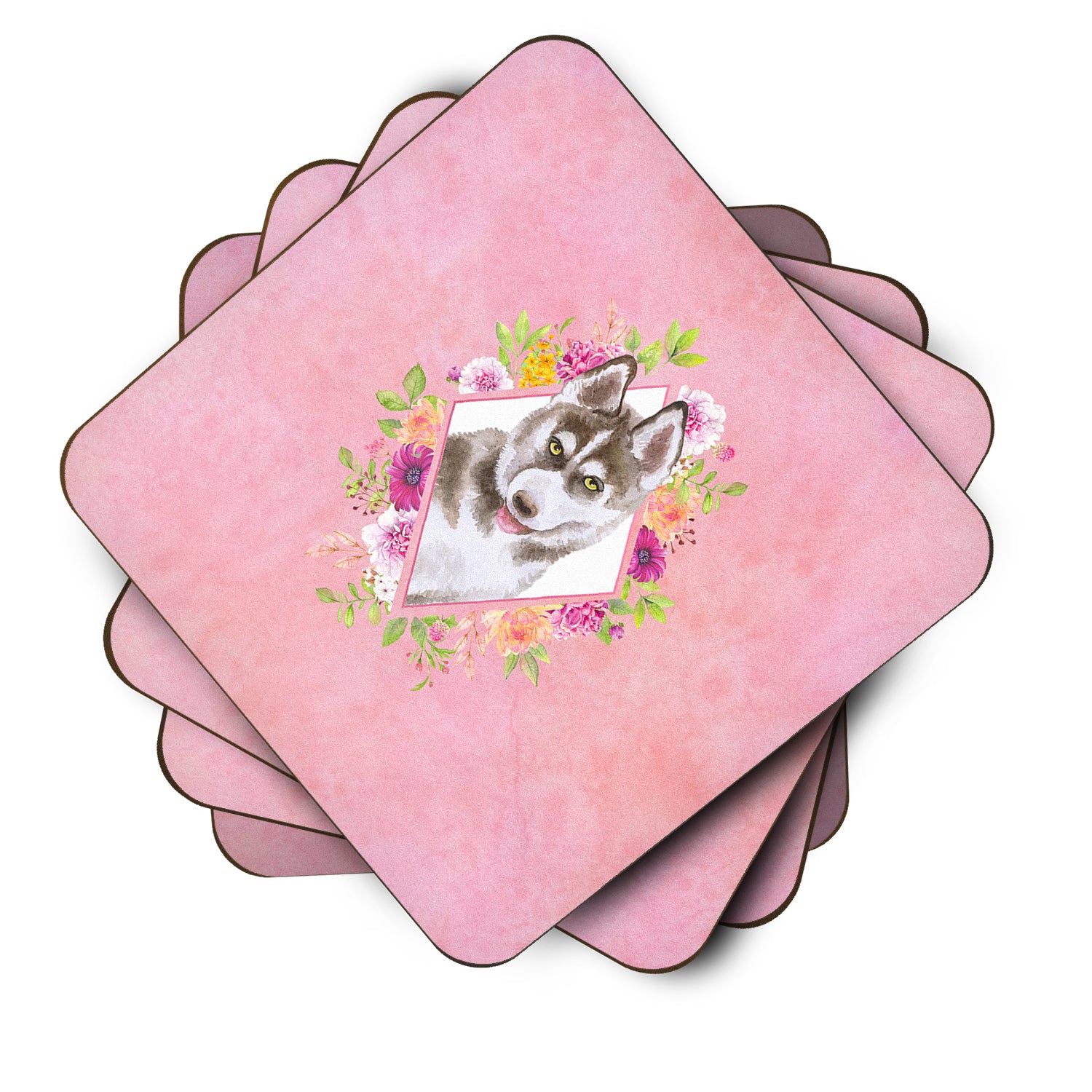 Set of 4 Siberian Husky #2 Pink Flowers Foam Coasters Set of 4 CK4152FC - the-store.com