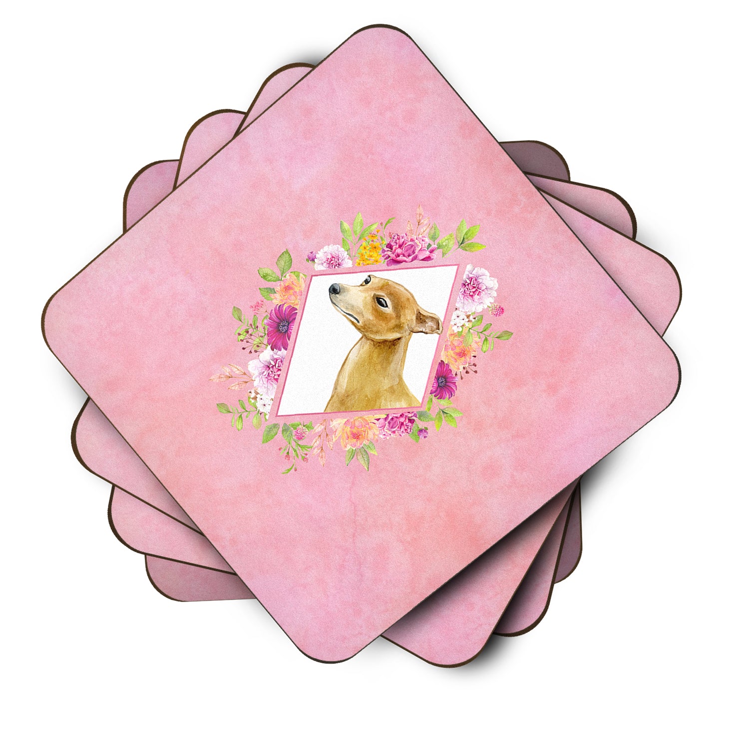 Set of 4 Italian Greyhound Pink Flowers Foam Coasters Set of 4 CK4154FC - the-store.com