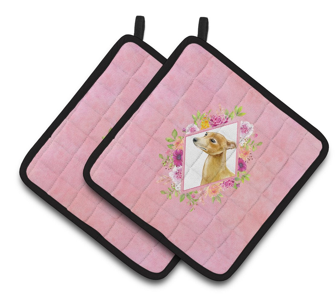 Italian Greyhound Pink Flowers Pair of Pot Holders CK4154PTHD by Caroline's Treasures