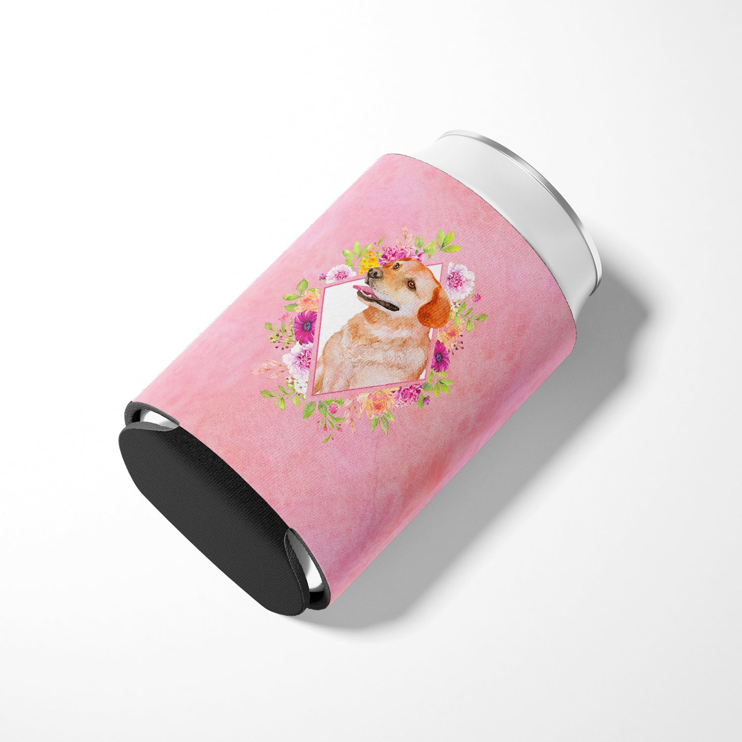 Yellow Labrador Retriever Pink Flowers Can or Bottle Hugger CK4158CC  the-store.com.