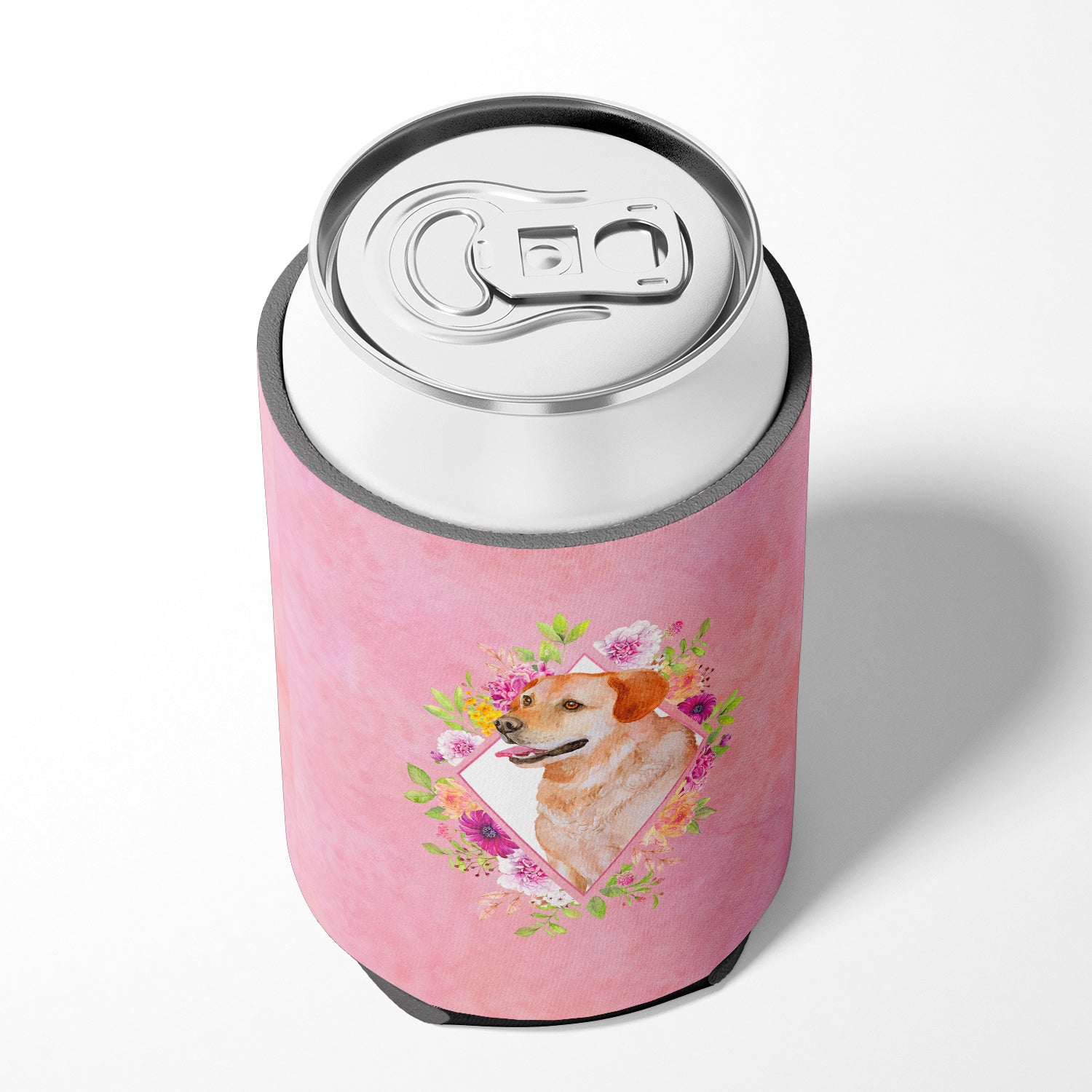 Yellow Labrador Retriever Pink Flowers Can or Bottle Hugger CK4158CC  the-store.com.