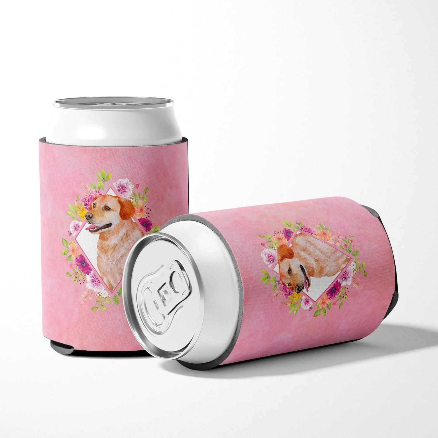 Yellow Labrador Retriever Pink Flowers Can or Bottle Hugger CK4158CC  the-store.com.