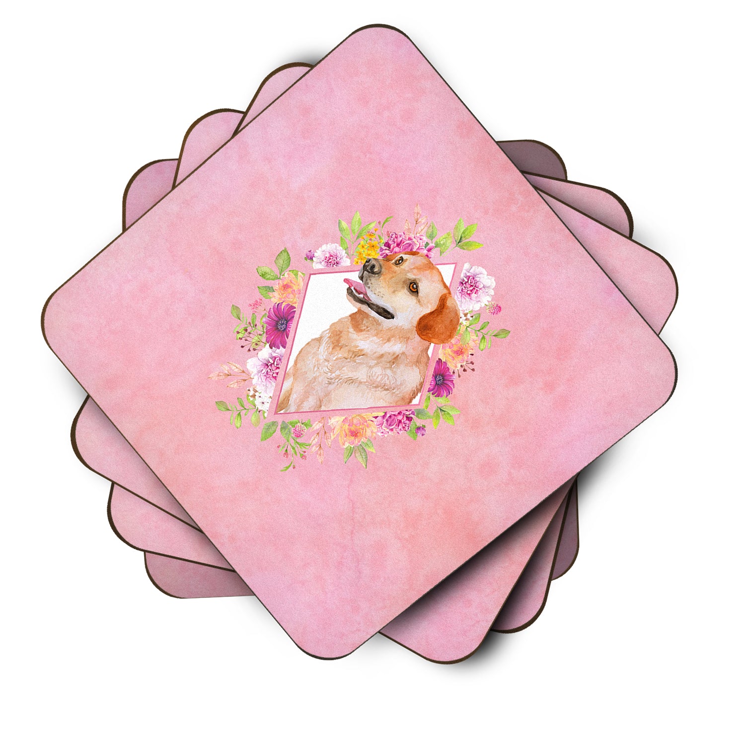 Set of 4 Yellow Labrador Retriever Pink Flowers Foam Coasters Set of 4 CK4158FC - the-store.com