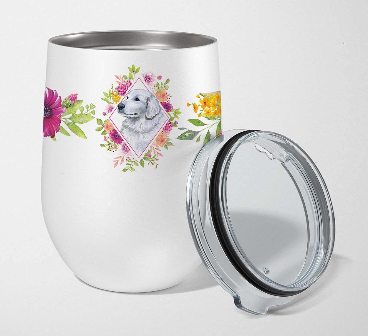 Great Pyrenees Pink Flowers Stainless Steel 12 oz Stemless Wine Glass CK4160TBL12 by Caroline's Treasures