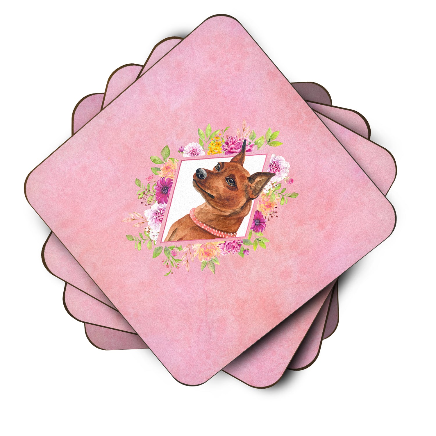 Set of 4 Miniature Pinscher Pink Flowers Foam Coasters Set of 4 CK4161FC - the-store.com