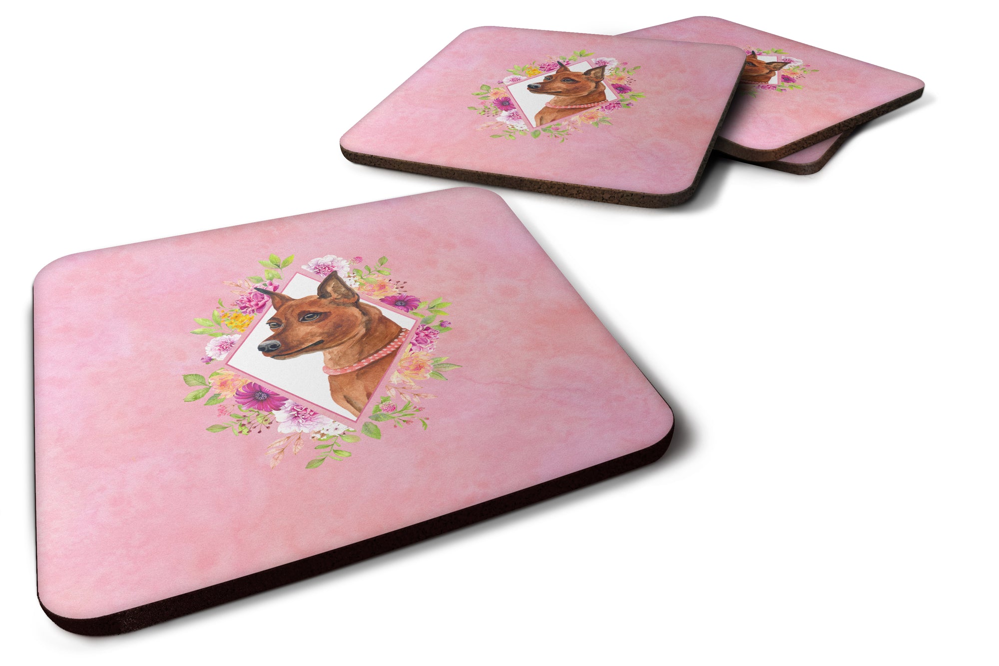 Set of 4 Miniature Pinscher Pink Flowers Foam Coasters Set of 4 CK4161FC - the-store.com