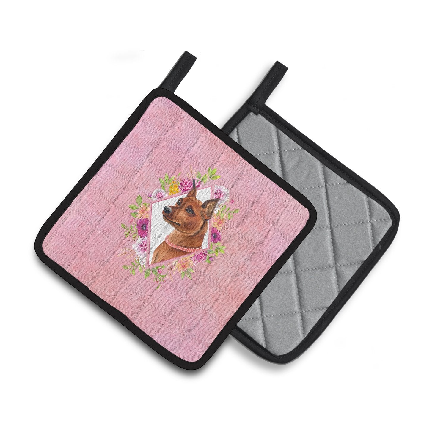 Miniature Pinscher Pink Flowers Pair of Pot Holders CK4161PTHD by Caroline's Treasures