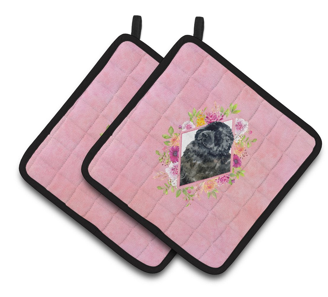 Newfoundland Pink Flowers Pair of Pot Holders CK4163PTHD by Caroline's Treasures