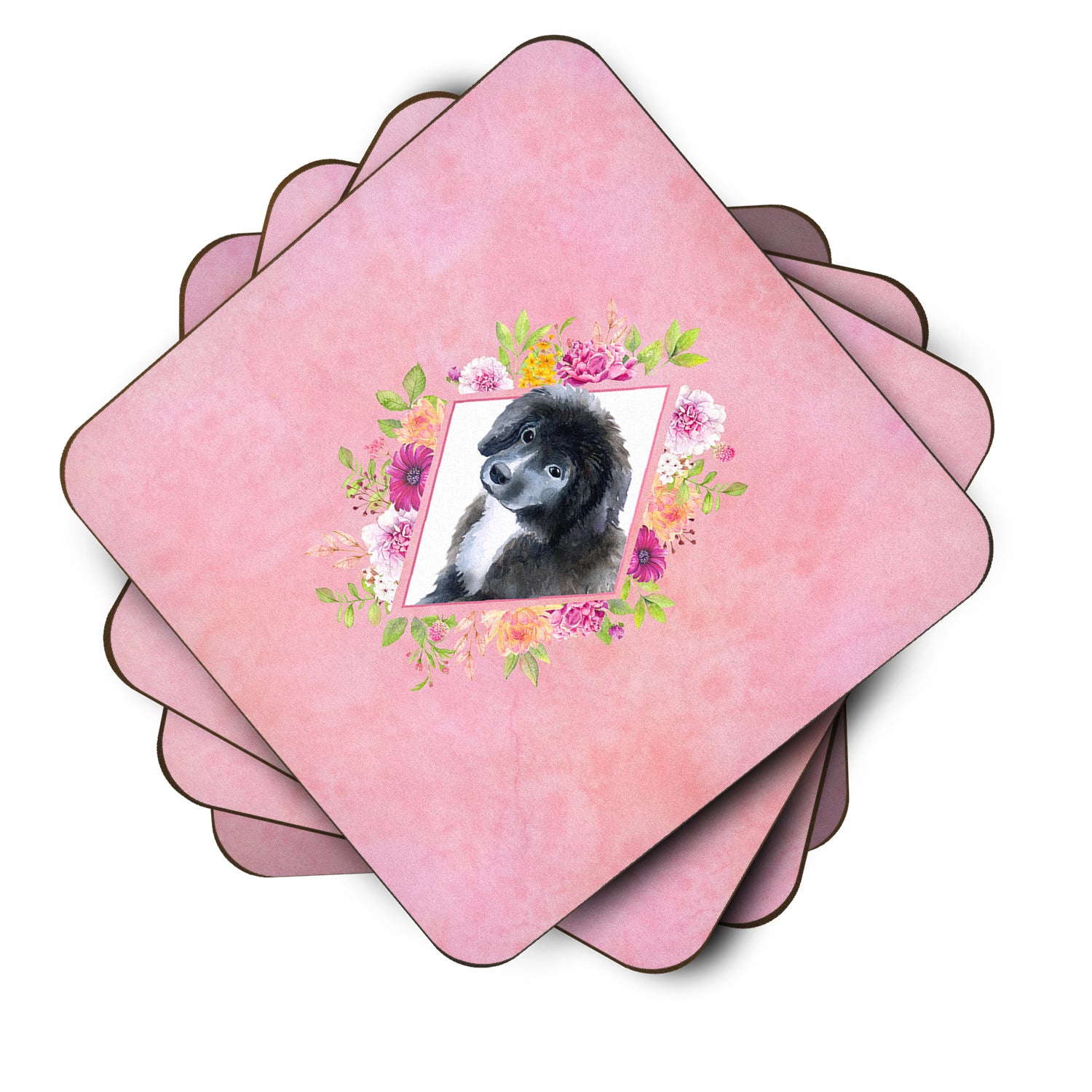 Set of 4 Newfoundland Puppy Pink Flowers Foam Coasters Set of 4 CK4164FC - the-store.com