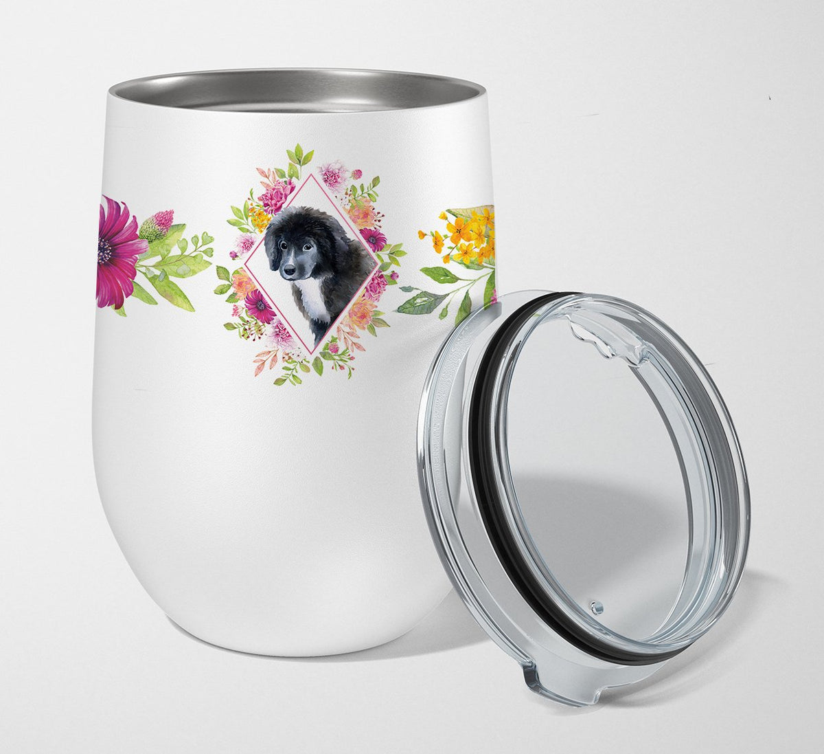 Newfoundland Puppy Pink Flowers Stainless Steel 12 oz Stemless Wine Glass CK4164TBL12 by Caroline&#39;s Treasures