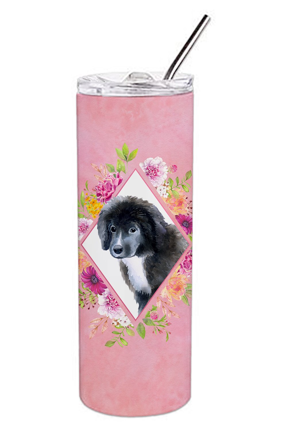 Newfoundland Puppy Pink Flowers Double Walled Stainless Steel 20 oz Skinny Tumbler CK4164TBL20 by Caroline's Treasures