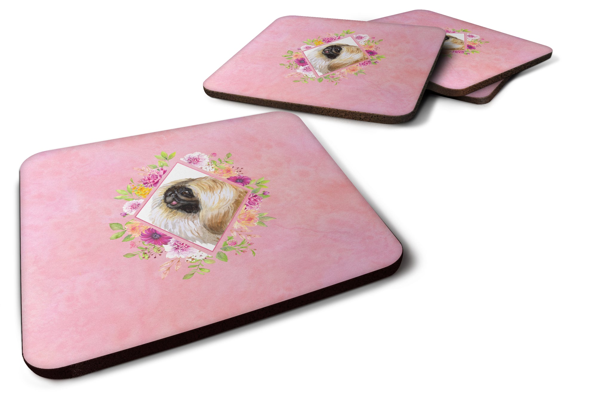 Set of 4 Pekingese Pink Flowers Foam Coasters Set of 4 CK4166FC - the-store.com