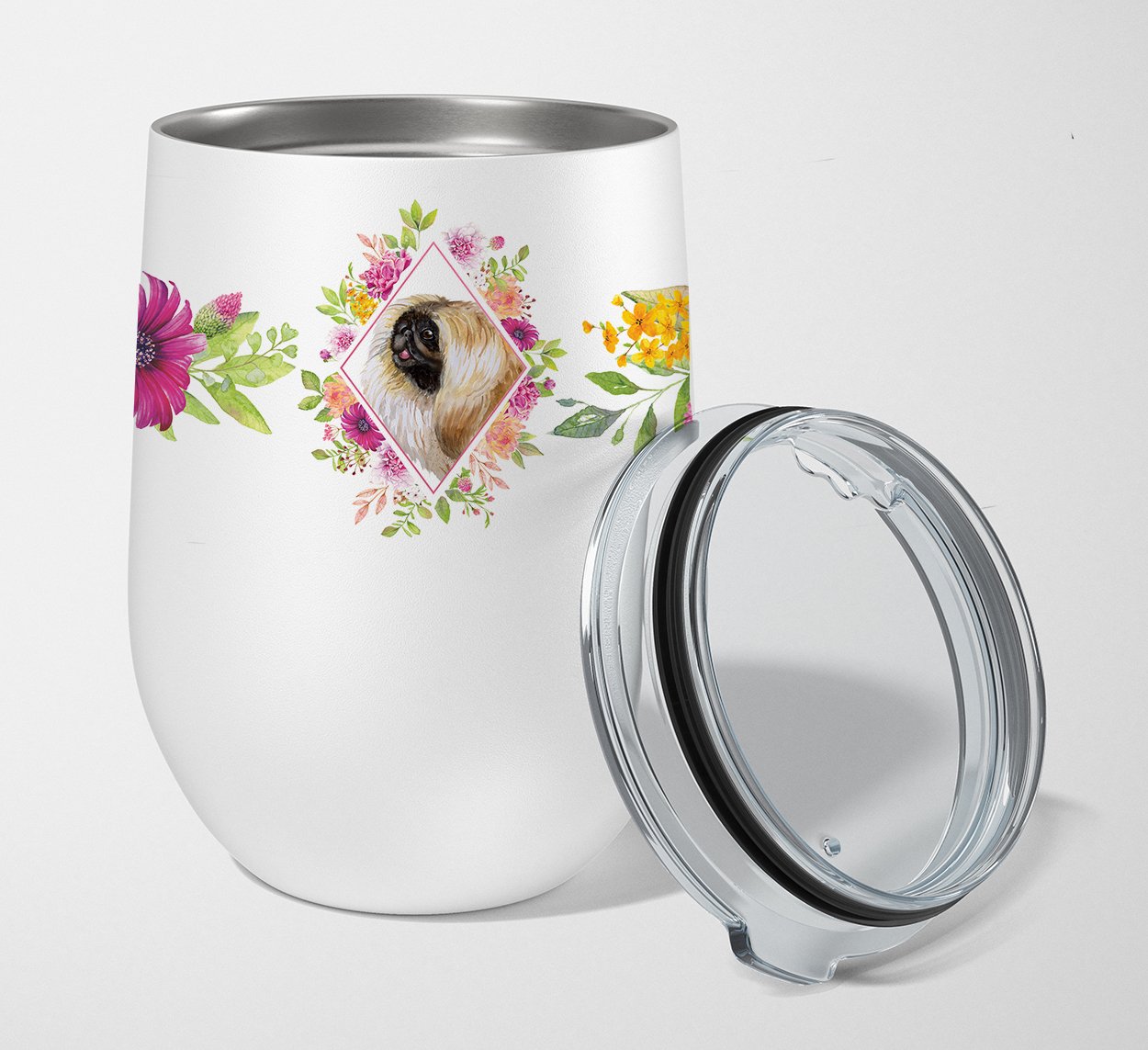 Pekingese Pink Flowers Stainless Steel 12 oz Stemless Wine Glass CK4166TBL12 by Caroline's Treasures