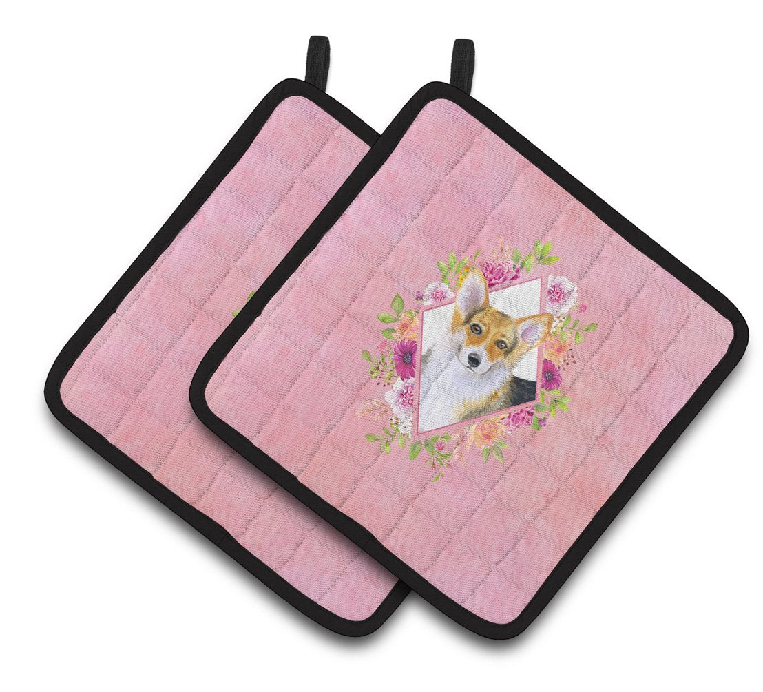 Corgi Pink Flowers Pair of Pot Holders CK4167PTHD by Caroline&#39;s Treasures