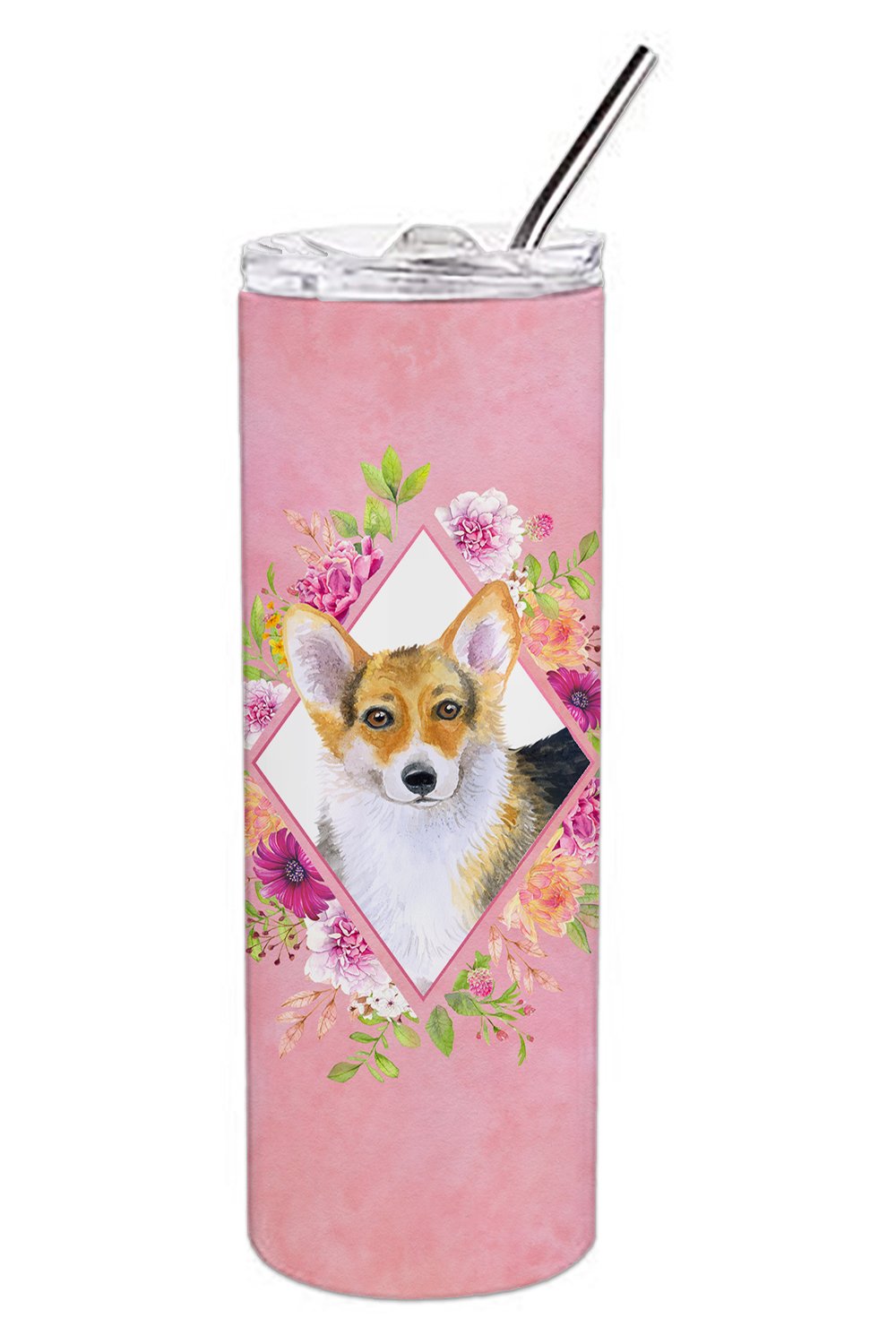 Corgi Pink Flowers Double Walled Stainless Steel 20 oz Skinny Tumbler CK4167TBL20 by Caroline&#39;s Treasures