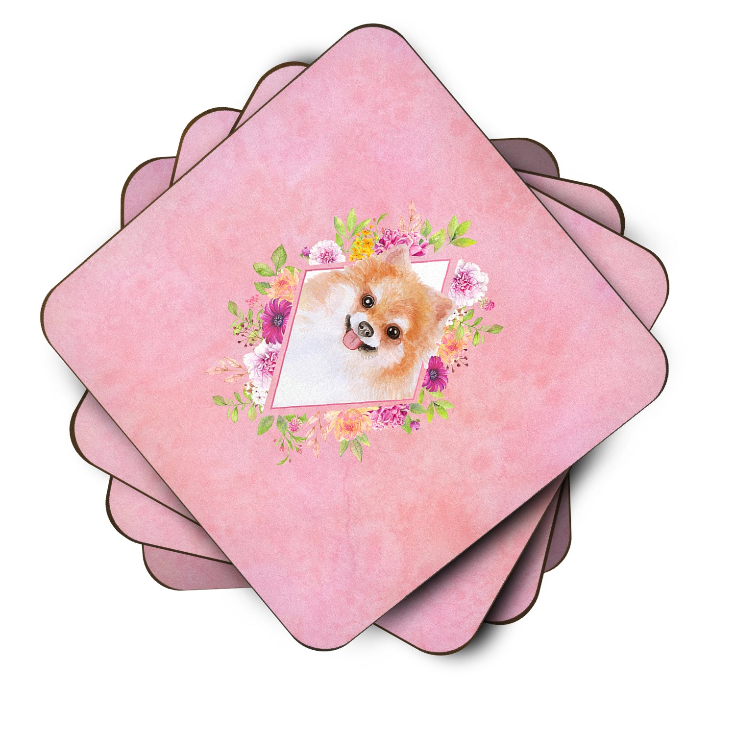 Set of 4 Pomeranian #1 Pink Flowers Foam Coasters Set of 4 CK4169FC - the-store.com