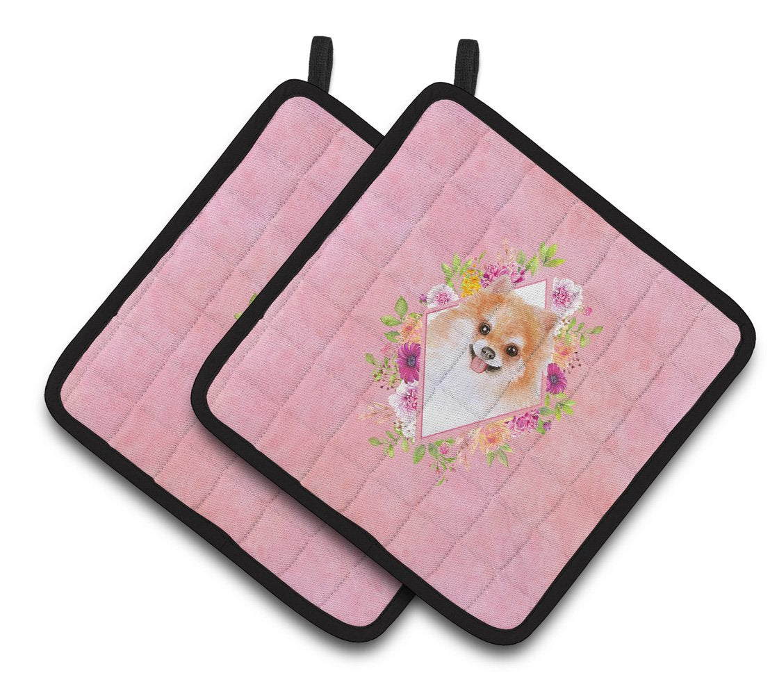 Pomeranian #1 Pink Flowers Pair of Pot Holders CK4169PTHD by Caroline&#39;s Treasures