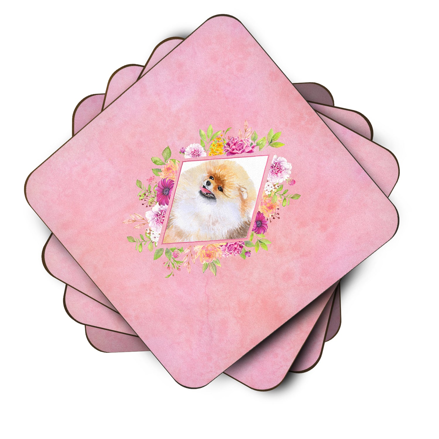 Set of 4 Pomeranian #2 Pink Flowers Foam Coasters Set of 4 CK4170FC - the-store.com