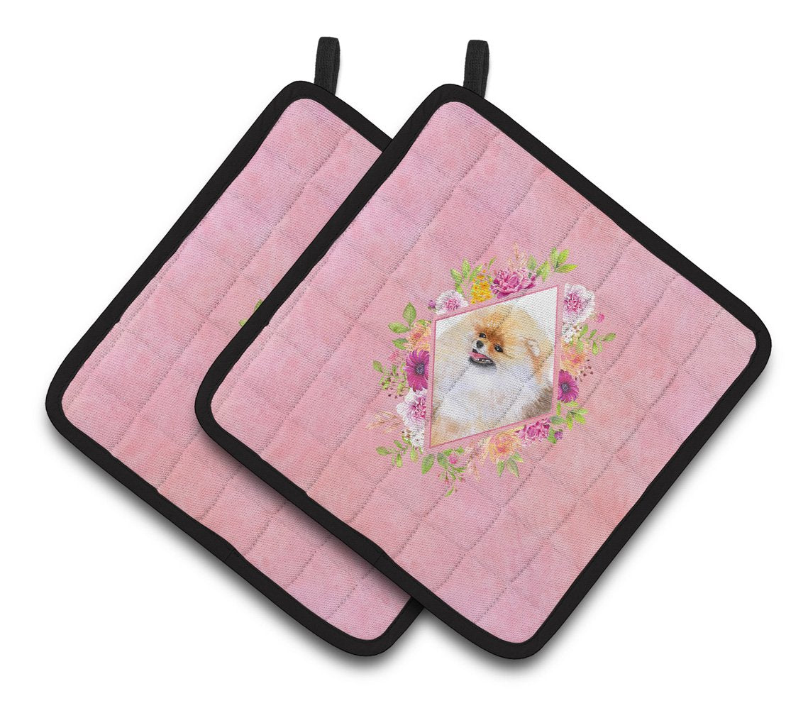 Pomeranian #2 Pink Flowers Pair of Pot Holders CK4170PTHD by Caroline&#39;s Treasures