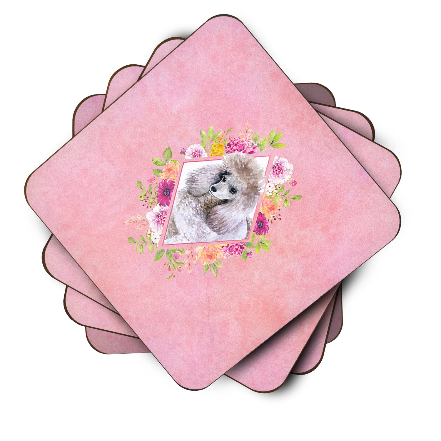 Set of 4 Standard Grey Poodle Pink Flowers Foam Coasters Set of 4 CK4173FC - the-store.com