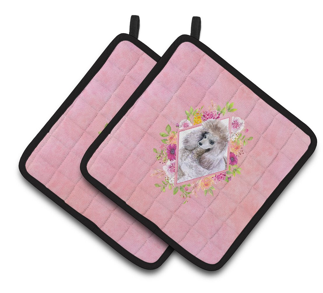 Standard Grey Poodle Pink Flowers Pair of Pot Holders CK4173PTHD by Caroline&#39;s Treasures