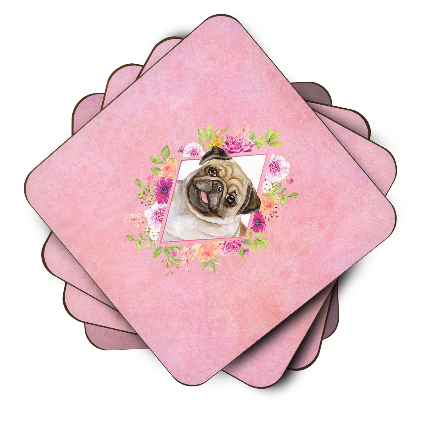 Set of 4 Fawn Pug Pink Flowers Foam Coasters Set of 4 CK4174FC - the-store.com