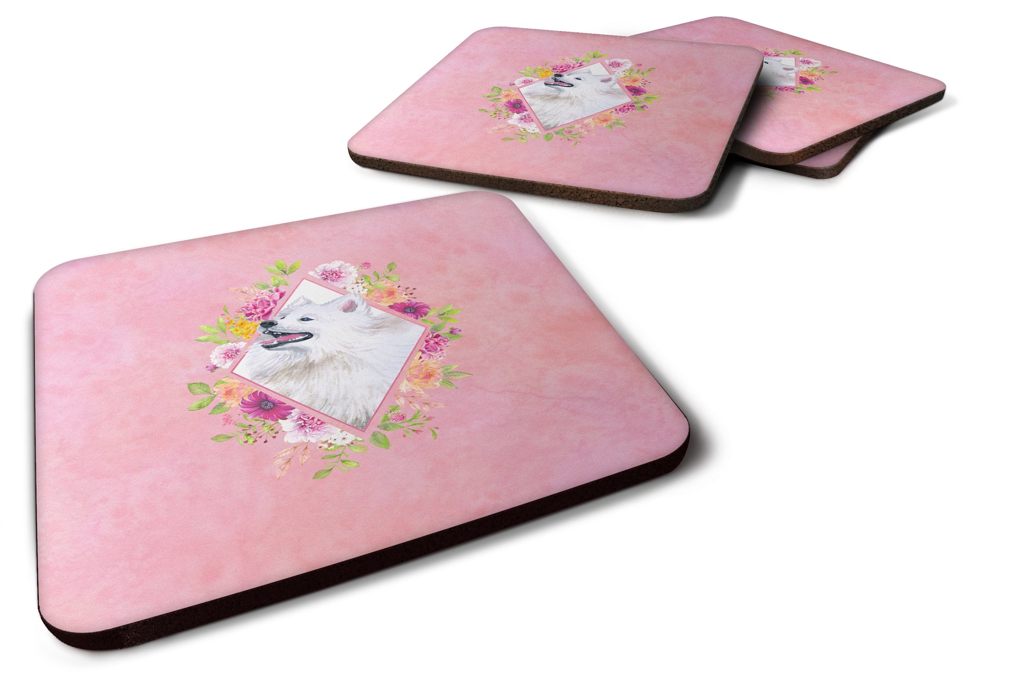 Set of 4 Samoyed Pink Flowers Foam Coasters Set of 4 CK4177FC - the-store.com