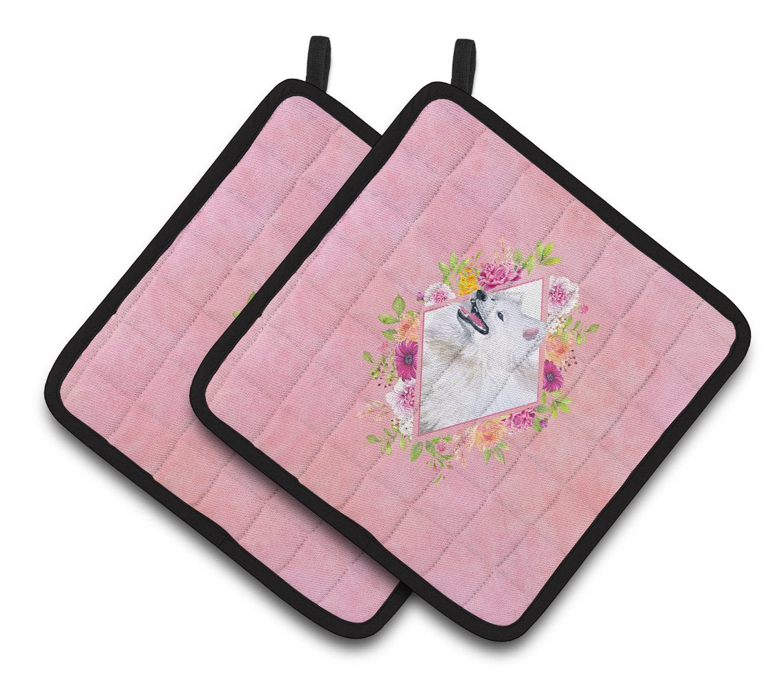 Samoyed Pink Flowers Pair of Pot Holders CK4177PTHD by Caroline&#39;s Treasures