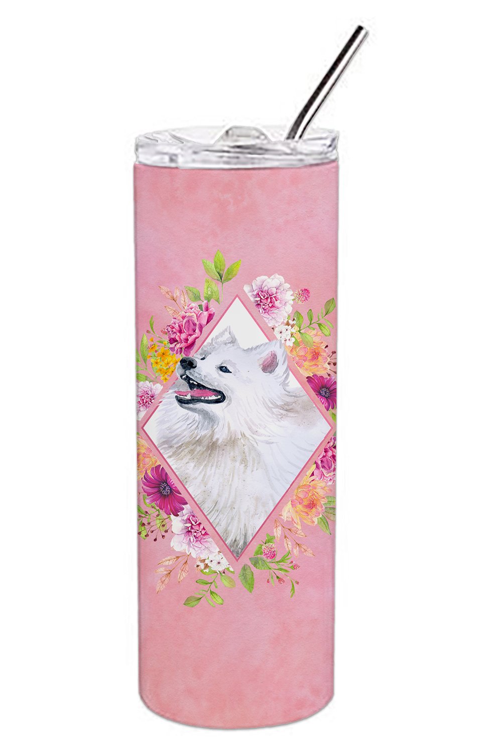 Samoyed Pink Flowers Double Walled Stainless Steel 20 oz Skinny Tumbler CK4177TBL20 by Caroline's Treasures