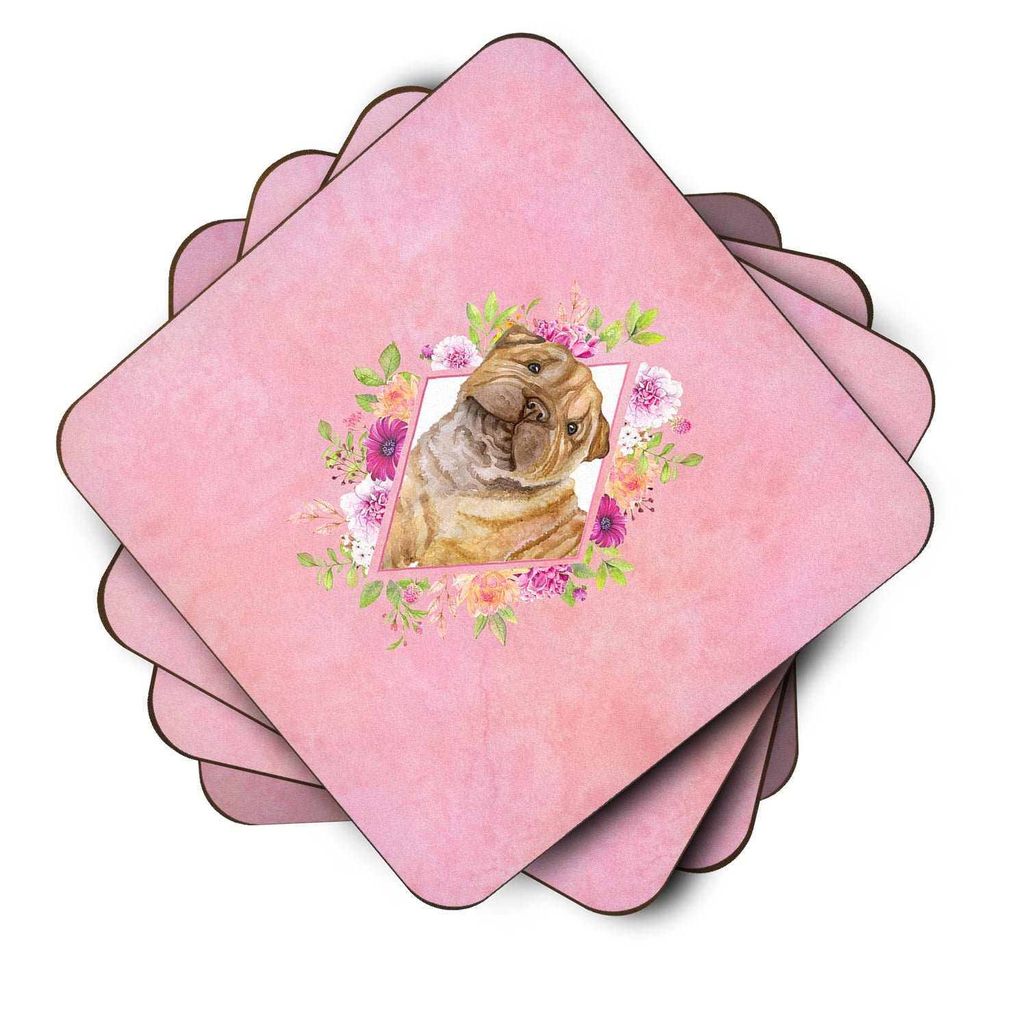 Set of 4 Shar Pei Pink Flowers Foam Coasters Set of 4 CK4181FC - the-store.com