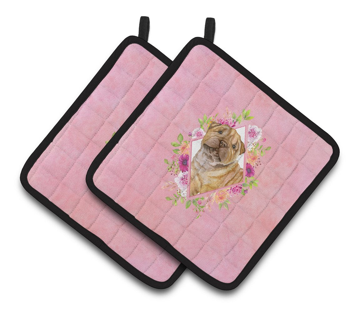 Shar Pei Pink Flowers Pair of Pot Holders CK4181PTHD by Caroline&#39;s Treasures