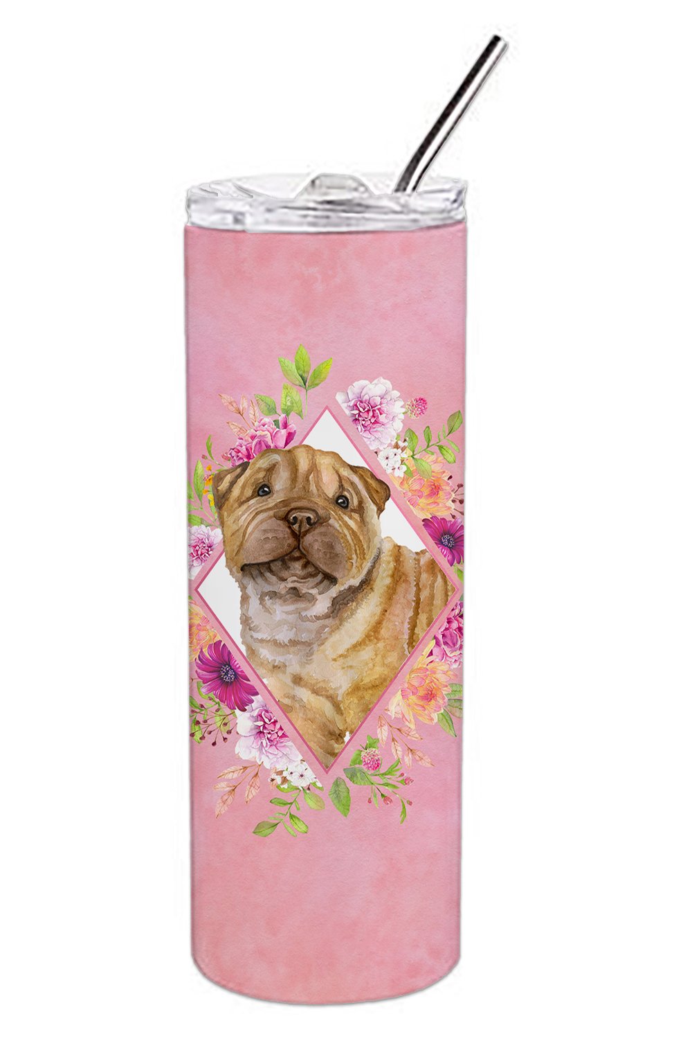 Shar Pei Pink Flowers Double Walled Stainless Steel 20 oz Skinny Tumbler CK4181TBL20 by Caroline's Treasures