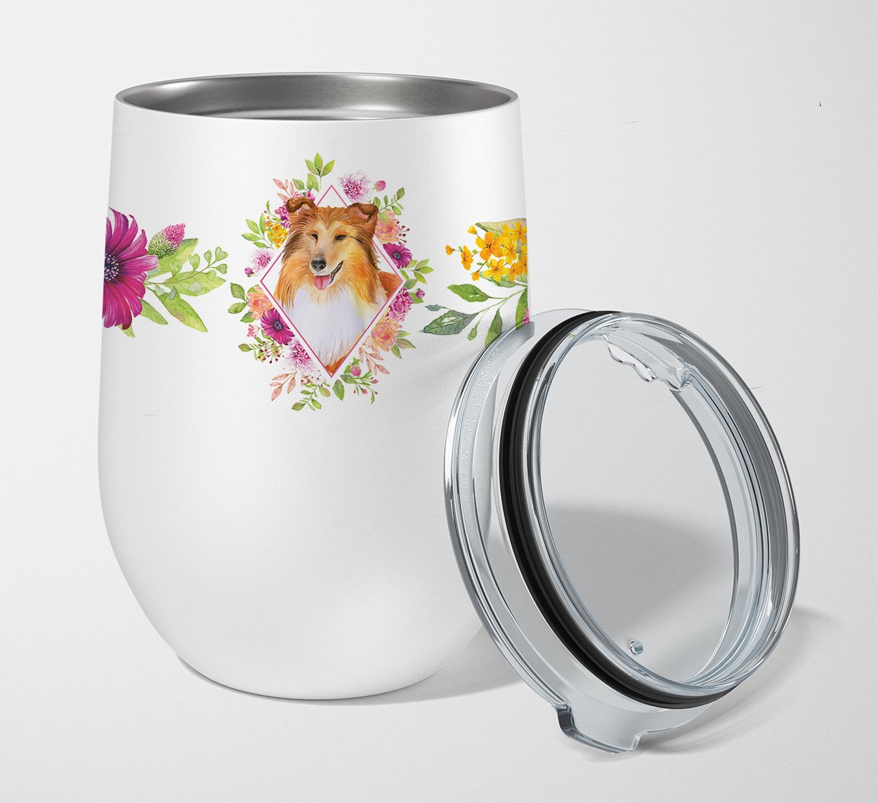 Sheltie Shetland Sheepdog Pink Flowers Stainless Steel 12 oz Stemless Wine Glass CK4182TBL12 by Caroline's Treasures