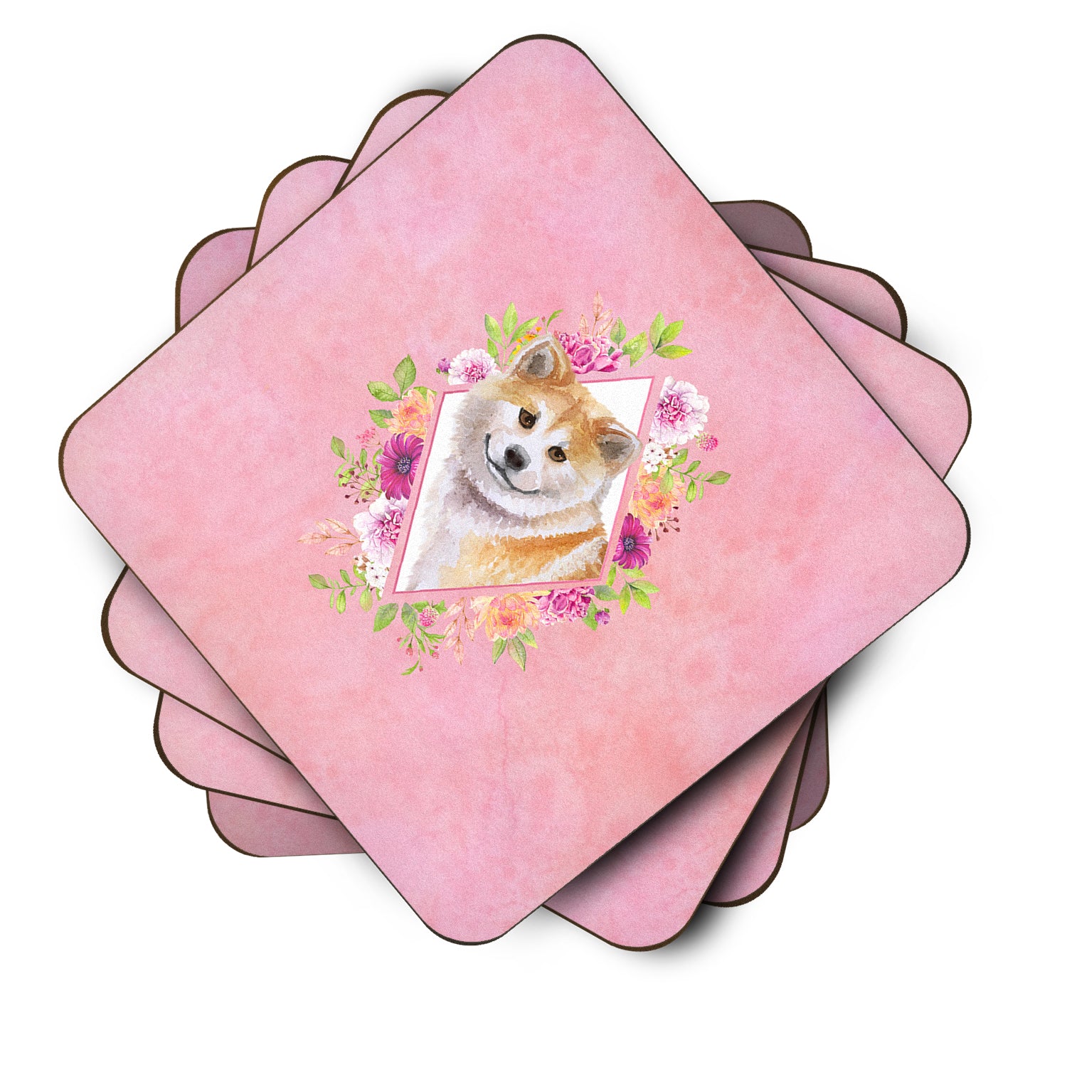 Set of 4 Shiba Inu Pink Flowers Foam Coasters Set of 4 CK4183FC - the-store.com