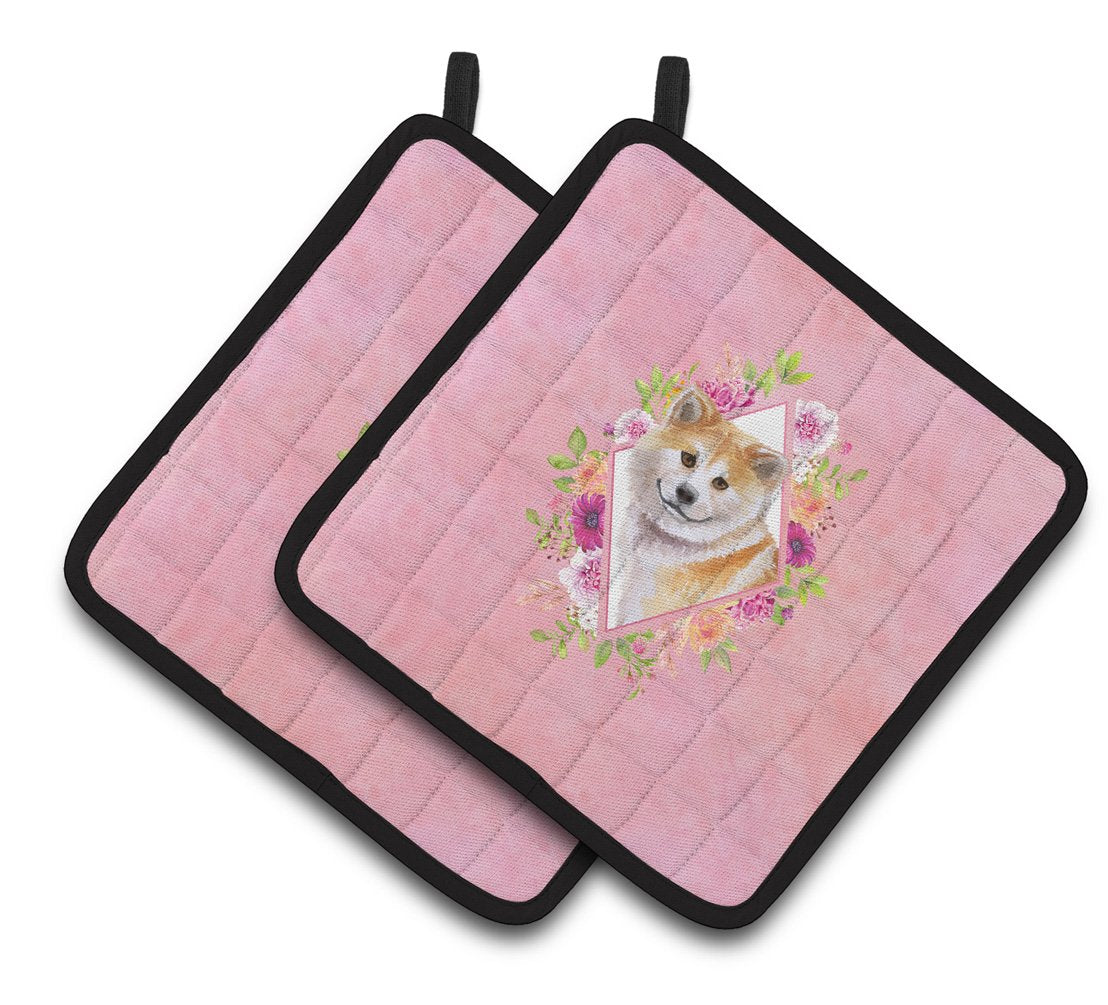 Shiba Inu Pink Flowers Pair of Pot Holders CK4183PTHD by Caroline&#39;s Treasures