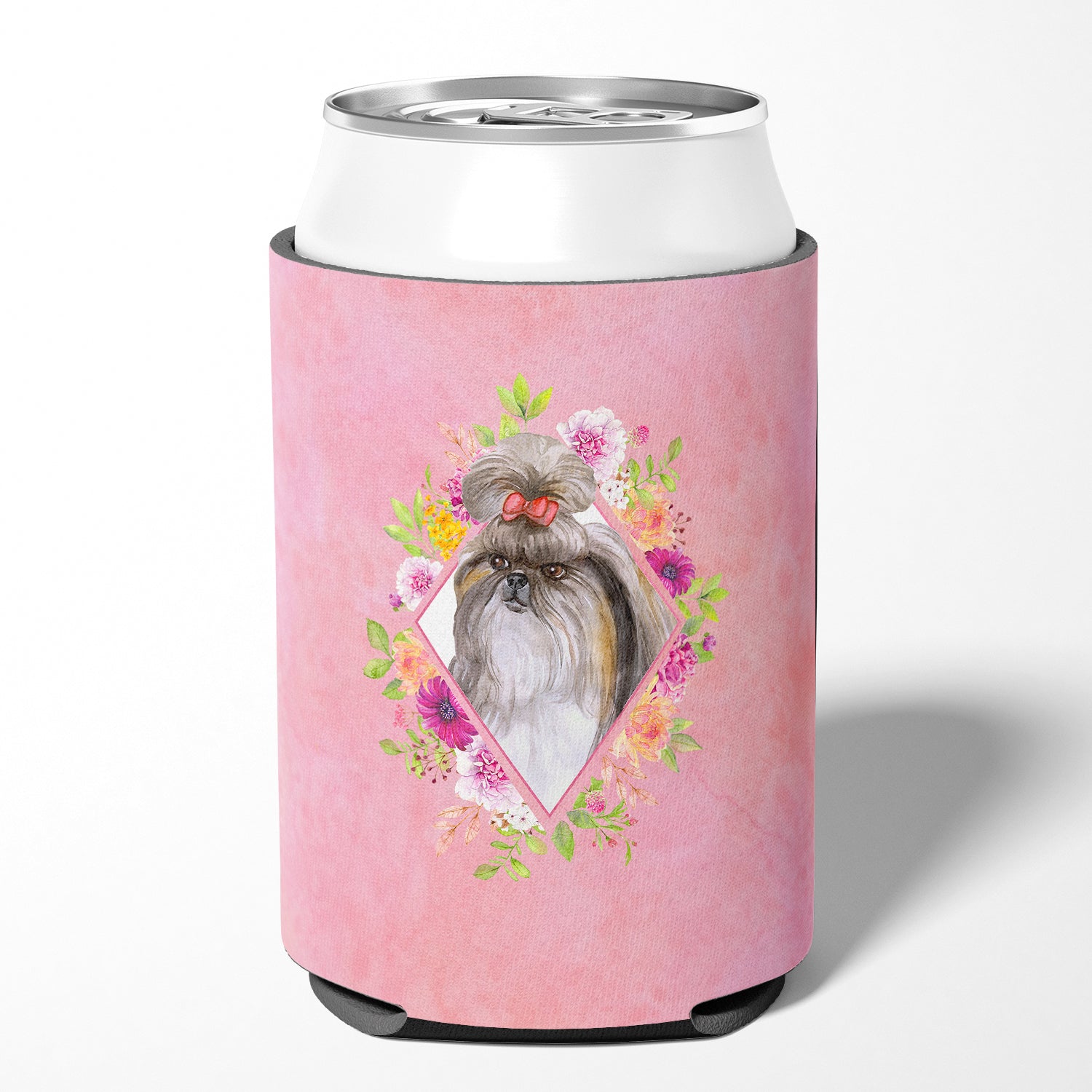 Shih Tzu Pink Flowers Can or Bottle Hugger CK4184CC  the-store.com.