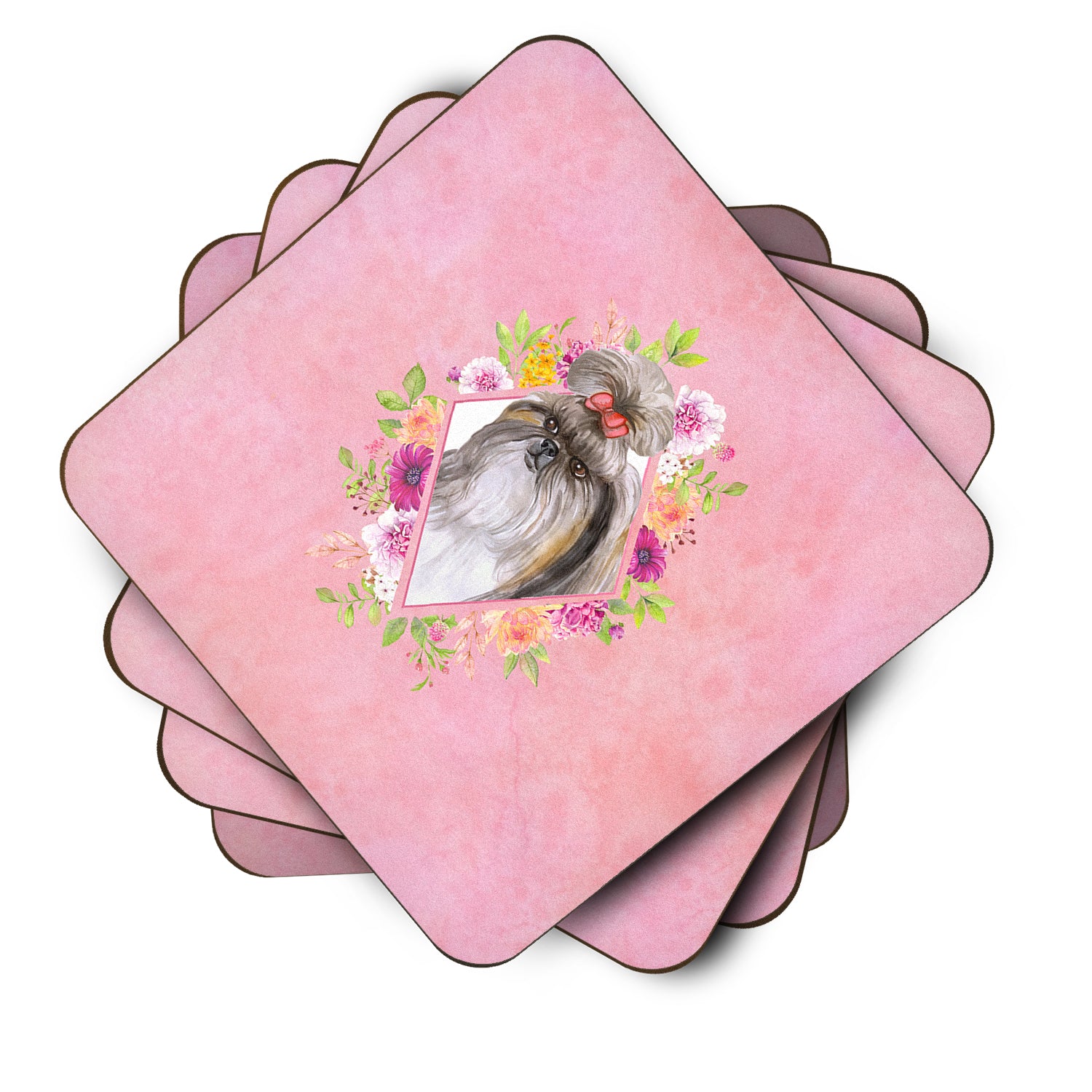 Set of 4 Shih Tzu Pink Flowers Foam Coasters Set of 4 CK4184FC - the-store.com